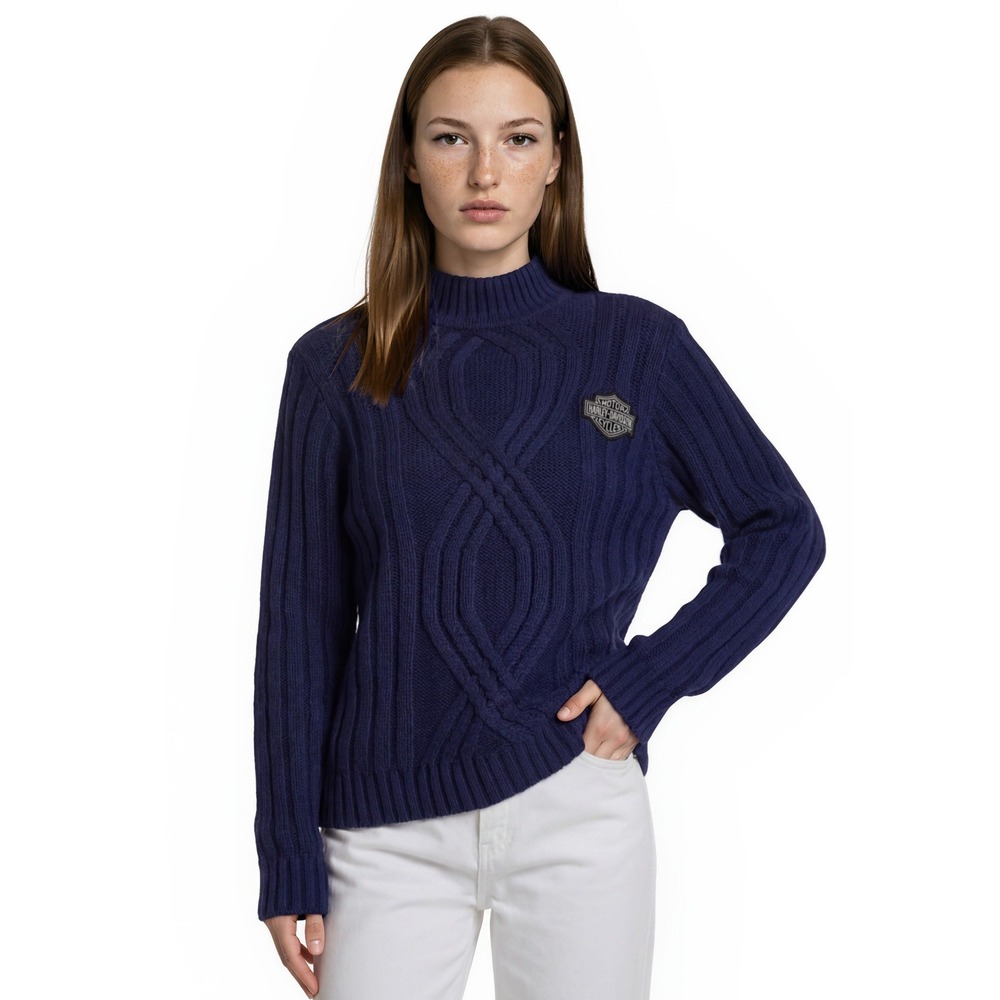 Harley Davidson Sweater Women's Size Medium Navy Blue Cable Knit Mock Neck Logo